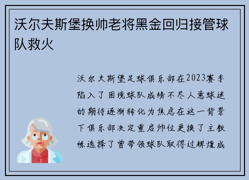沃尔夫斯堡换帅老将黑金回归接管球队救火